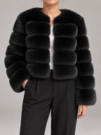 Women's Faux Fur Cropped Jacket | Collarless Panelled Coat