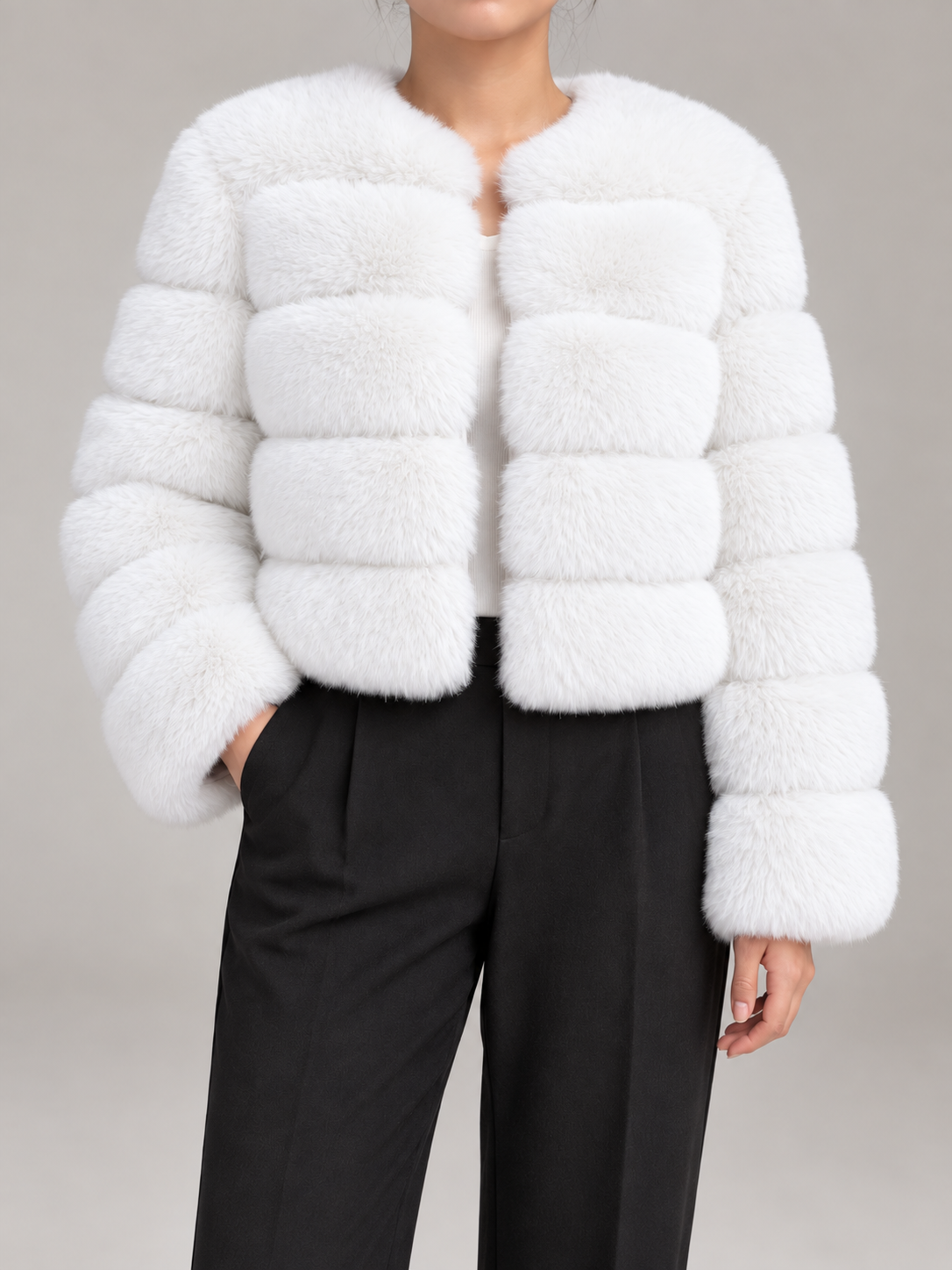 Women's Faux Fur Cropped Jacket | Collarless Panelled Coat