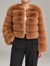 Women's Faux Fur Cropped Jacket | Collarless Panelled Coat