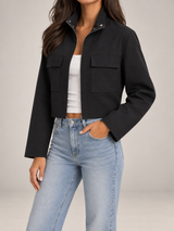 Women's Cropped Utility Jacket | Stand Collar Patch Pocket Coat