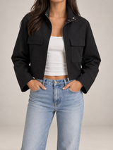 Women's Cropped Utility Jacket | Stand Collar Patch Pocket Coat