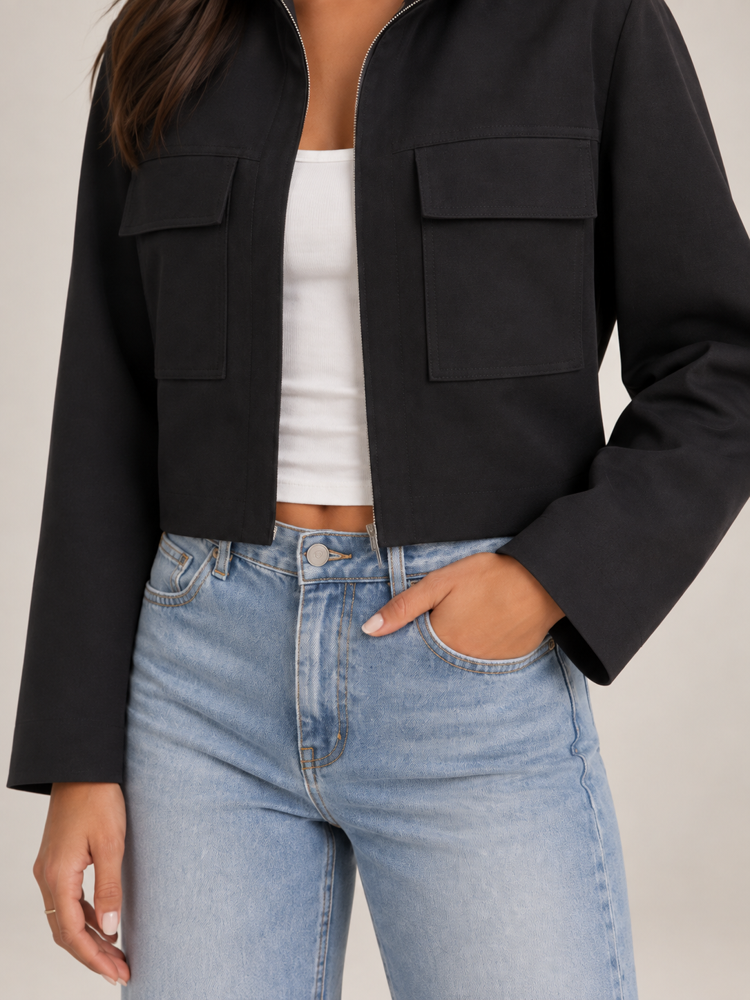 Women's Cropped Utility Jacket | Stand Collar Patch Pocket Coat