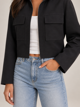 Women's Cropped Utility Jacket | Stand Collar Patch Pocket Coat