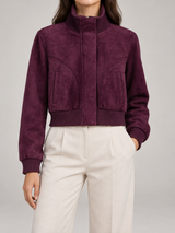 Women's Suede Cropped Bomber Jacket | Zip Up Stand Collar
