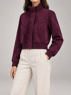Women's Suede Cropped Bomber Jacket | Zip Up Stand Collar