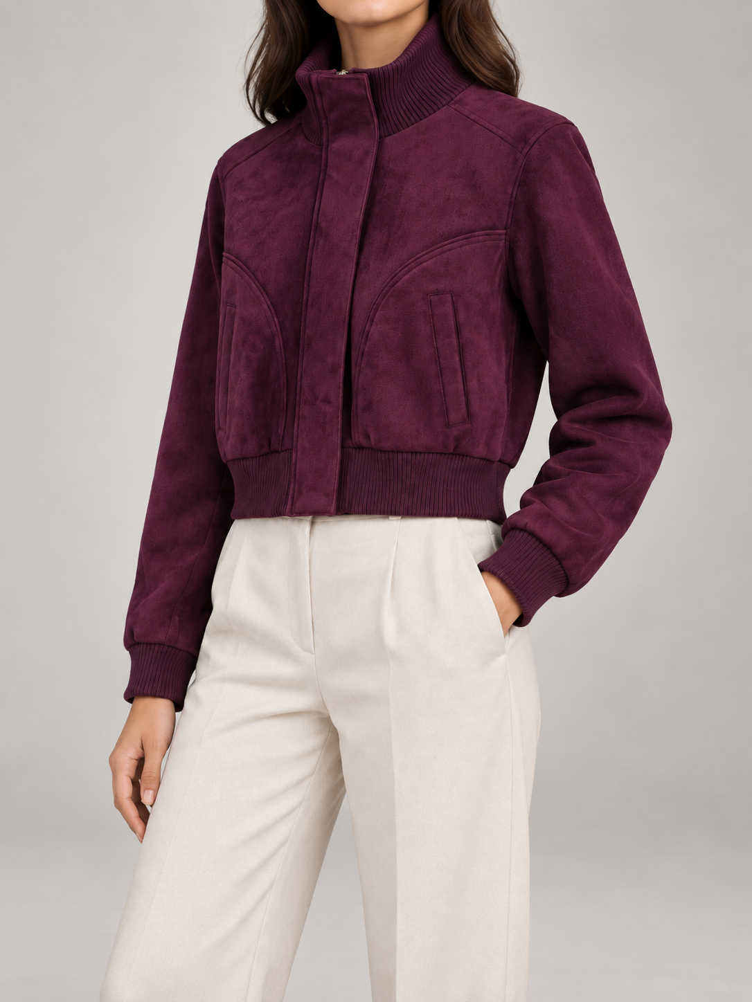 Women's Suede Cropped Bomber Jacket | Zip Up Stand Collar