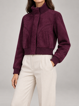 Women's Suede Cropped Bomber Jacket | Zip Up Stand Collar