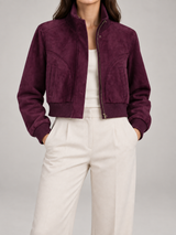 Women's Suede Cropped Bomber Jacket | Zip Up Stand Collar