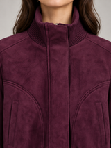 Women's Suede Cropped Bomber Jacket | Zip Up Stand Collar