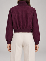 Women's Suede Cropped Bomber Jacket | Zip Up Stand Collar