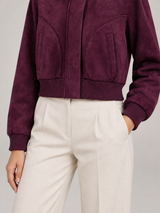 Women's Suede Cropped Bomber Jacket | Zip Up Stand Collar