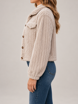 Women's Ribbed Teddy Jacket | Button Front Fleece Trucker Coat