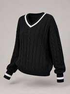 Women's Cable Knit V-Neck Sweater | Contrast Trim Drop-Shoulder Jumper