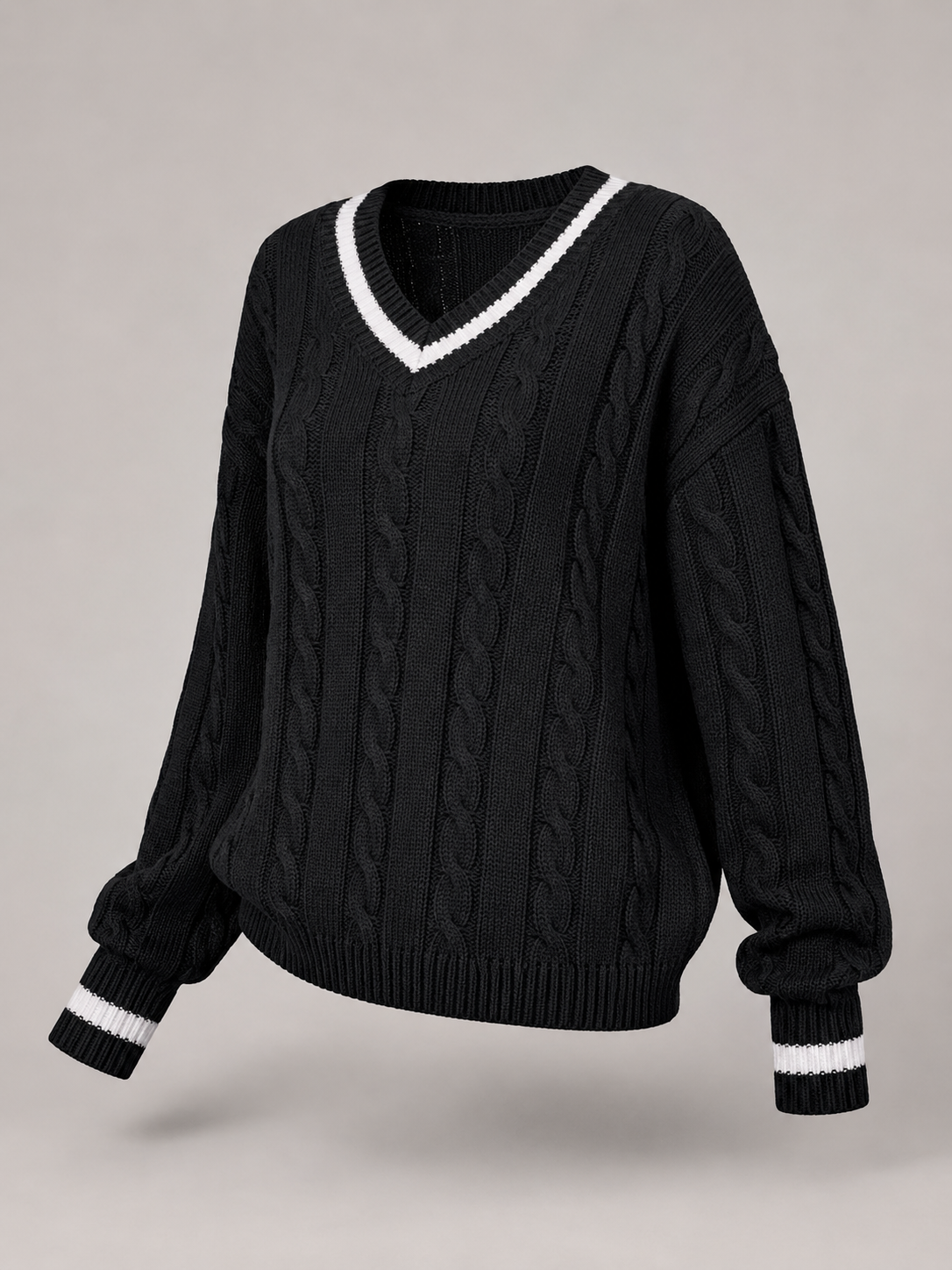 Women's Cable Knit V-Neck Sweater | Contrast Trim Drop-Shoulder Jumper