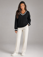 Women's Cable Knit V-Neck Sweater | Contrast Trim Drop-Shoulder Jumper