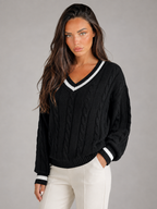 Women's Cable Knit V-Neck Sweater | Contrast Trim Drop-Shoulder Jumper
