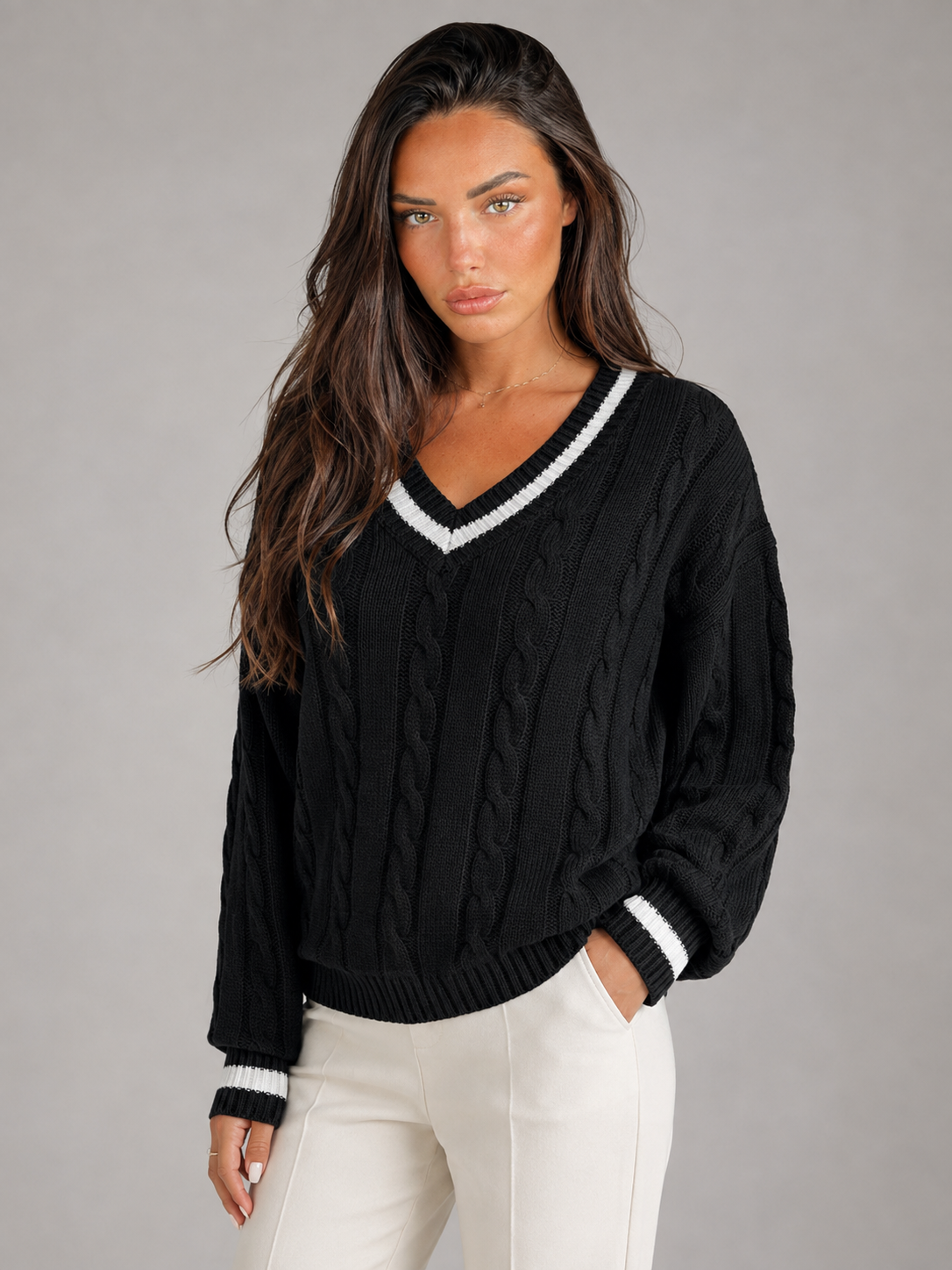 Women's Cable Knit V-Neck Sweater | Contrast Trim Drop-Shoulder Jumper