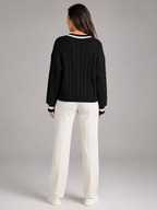 Women's Cable Knit V-Neck Sweater | Contrast Trim Drop-Shoulder Jumper
