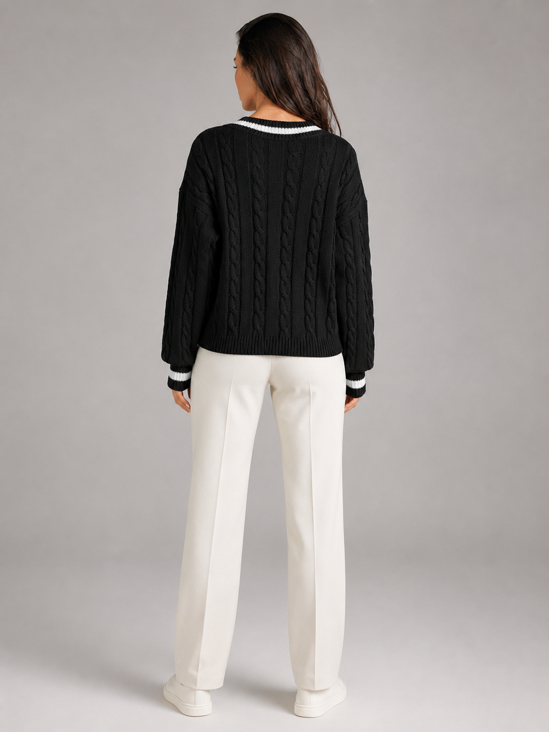 Women's Cable Knit V-Neck Sweater | Contrast Trim Drop-Shoulder Jumper