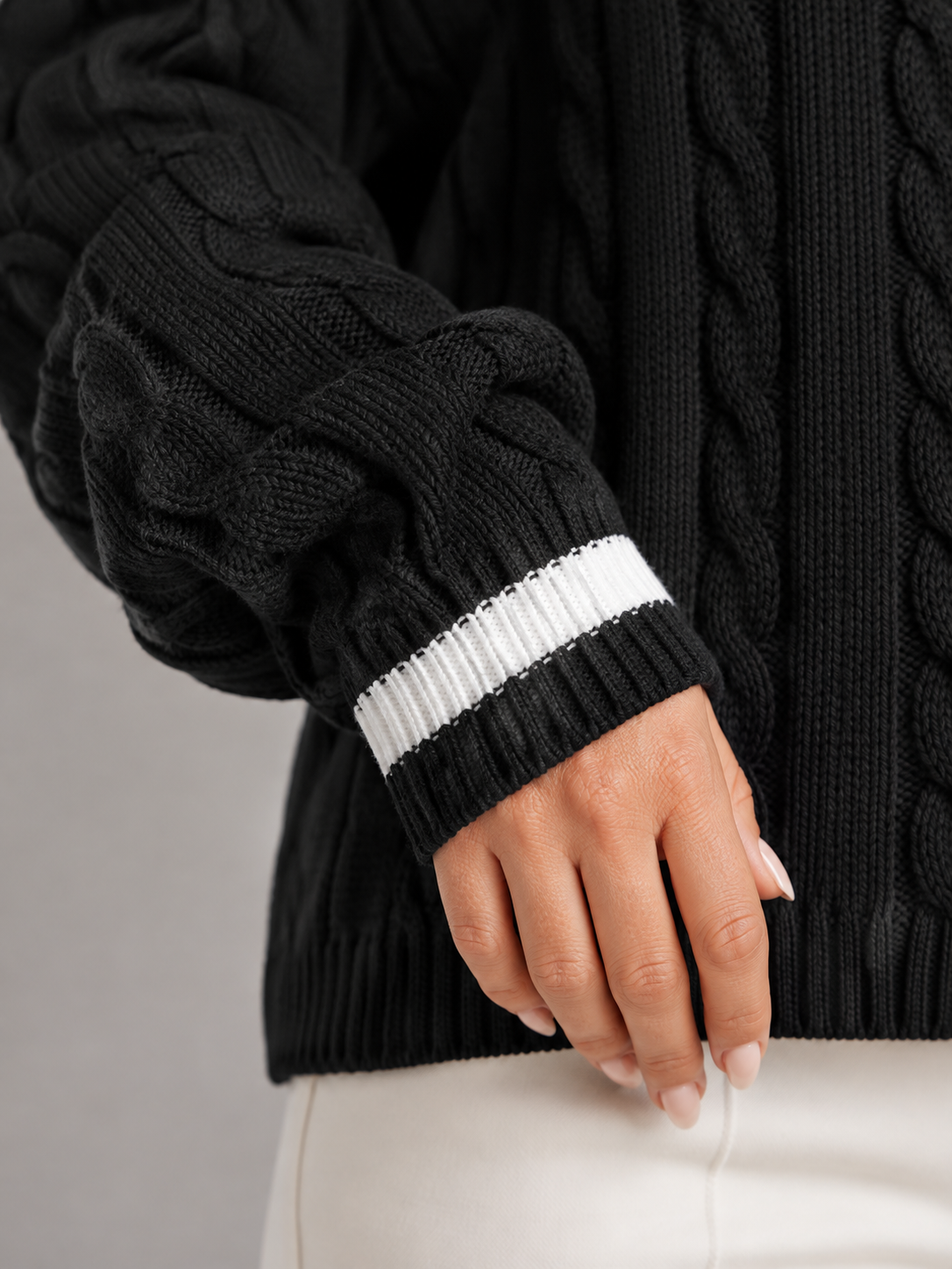 Women's Cable Knit V-Neck Sweater | Contrast Trim Drop-Shoulder Jumper