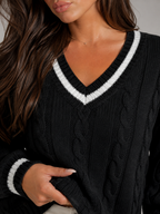 Women's Cable Knit V-Neck Sweater | Contrast Trim Drop-Shoulder Jumper
