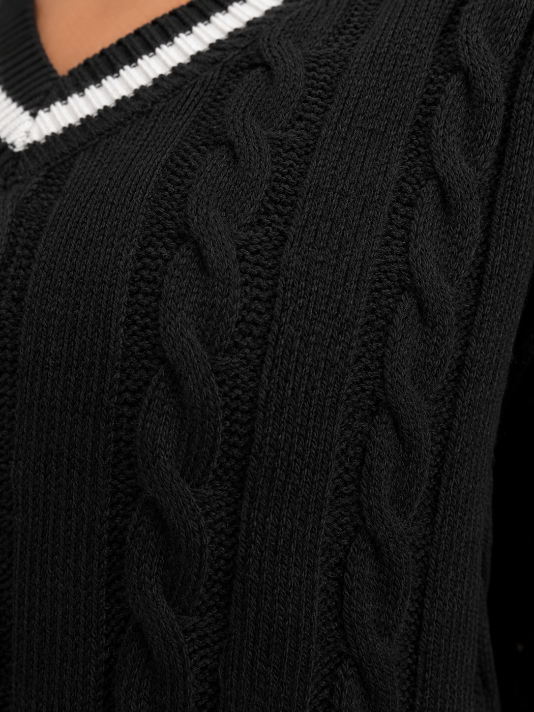 Women's Cable Knit V-Neck Sweater | Contrast Trim Drop-Shoulder Jumper