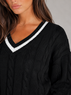 Women's Cable Knit V-Neck Sweater | Contrast Trim Drop-Shoulder Jumper