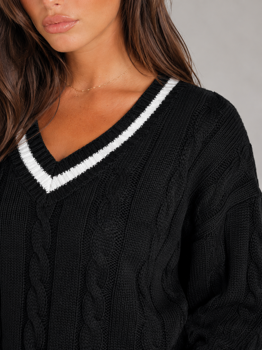 Women's Cable Knit V-Neck Sweater | Contrast Trim Drop-Shoulder Jumper