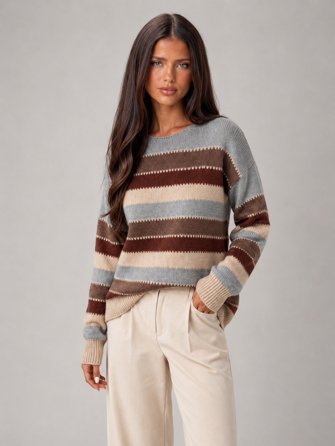 Women's Striped Knit Jumper | Relaxed Crew-Neck Pullover Sweater