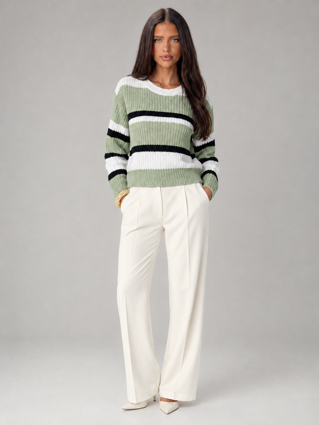 Women's Striped Chunky Knit Jumper | Relaxed Round-Neck Sweater