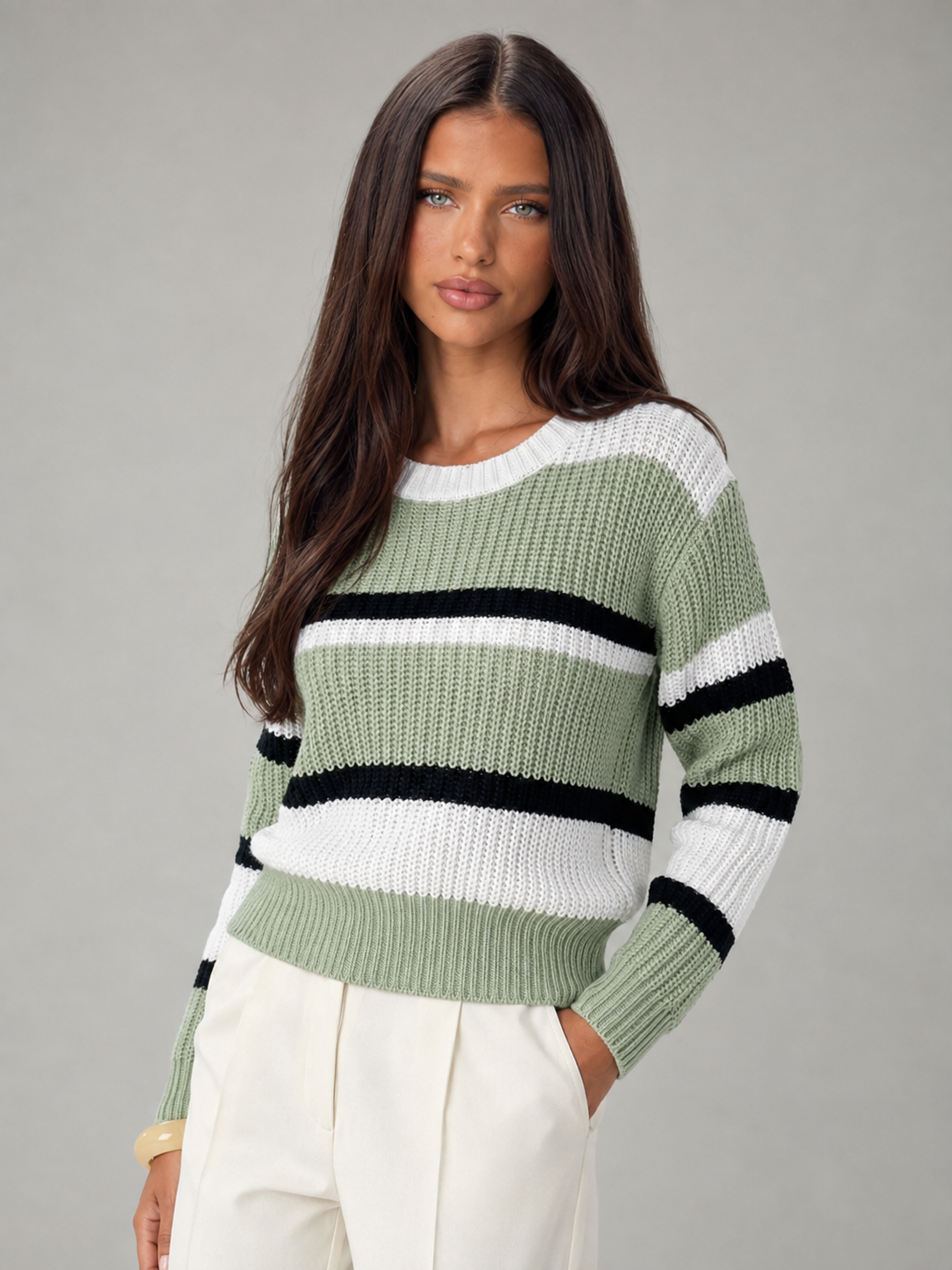 Women's Striped Chunky Knit Jumper | Relaxed Round-Neck Sweater