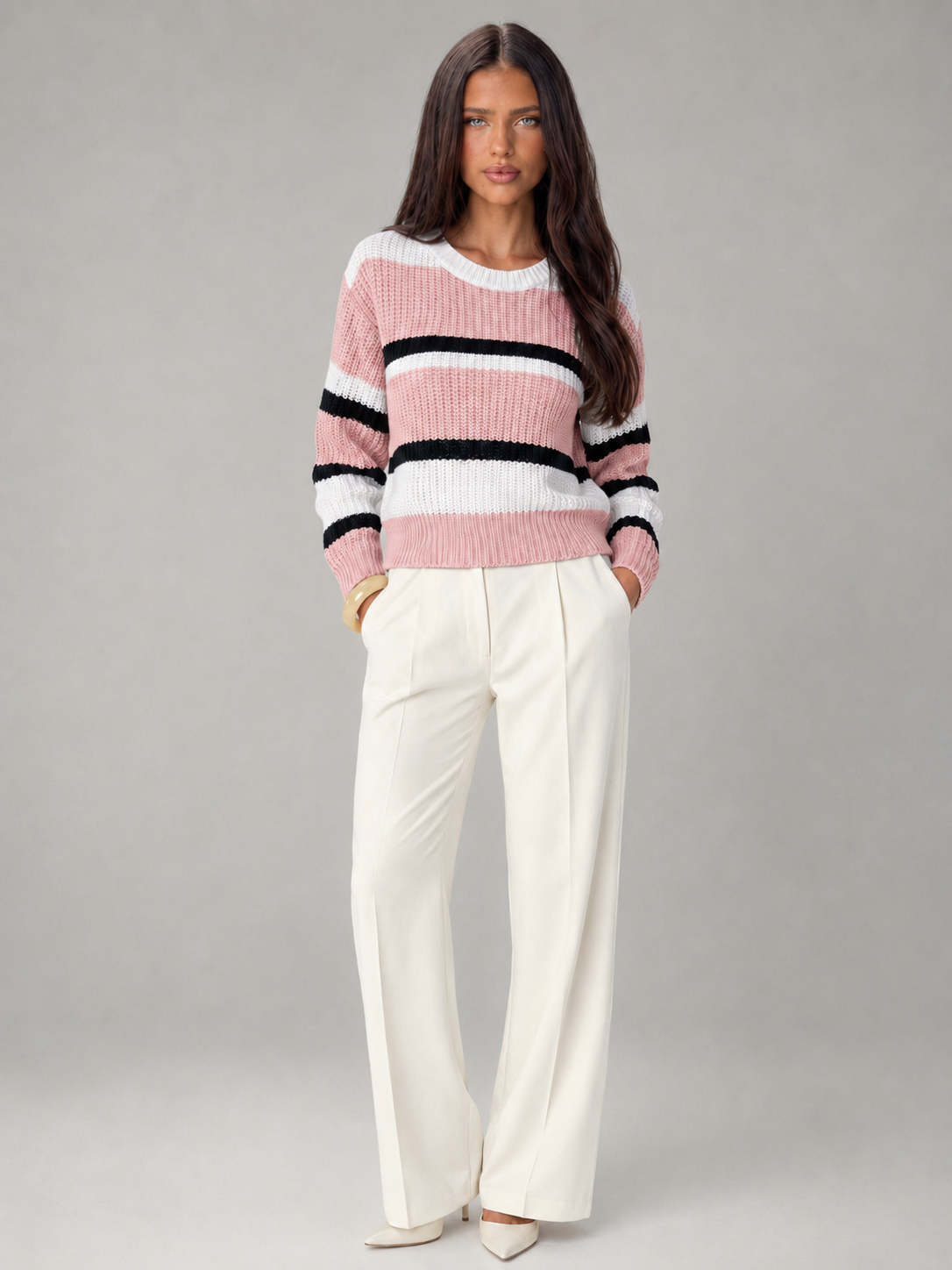 Women's Striped Chunky Knit Jumper | Relaxed Round-Neck Sweater