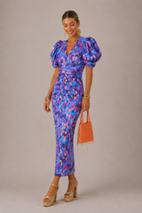 Women's Puff Sleeve Ruched Midi Dress