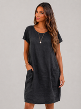 Women's Linen Short Sleeve Midi Dress