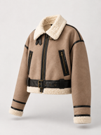 Women's Faux Shearling Aviator Jacket | Cropped Belted Biker Coat