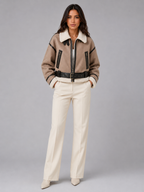 Women's Faux Shearling Aviator Jacket | Cropped Belted Biker Coat