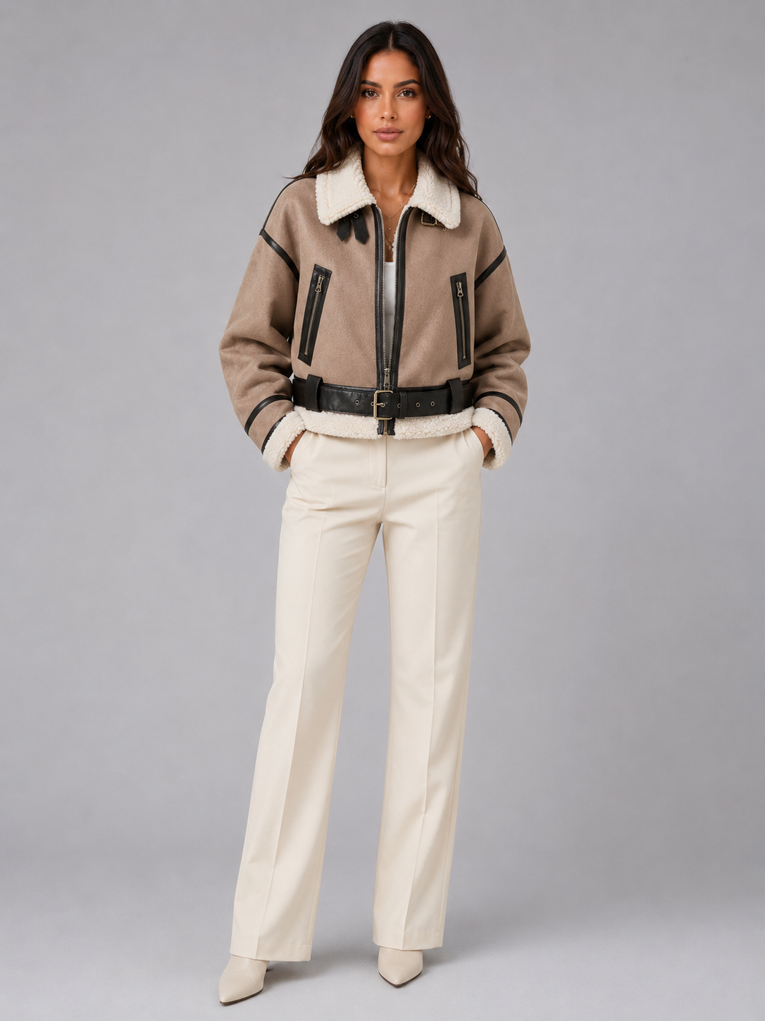 Women's Faux Shearling Aviator Jacket | Cropped Belted Biker Coat