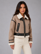 Women's Faux Shearling Aviator Jacket | Cropped Belted Biker Coat