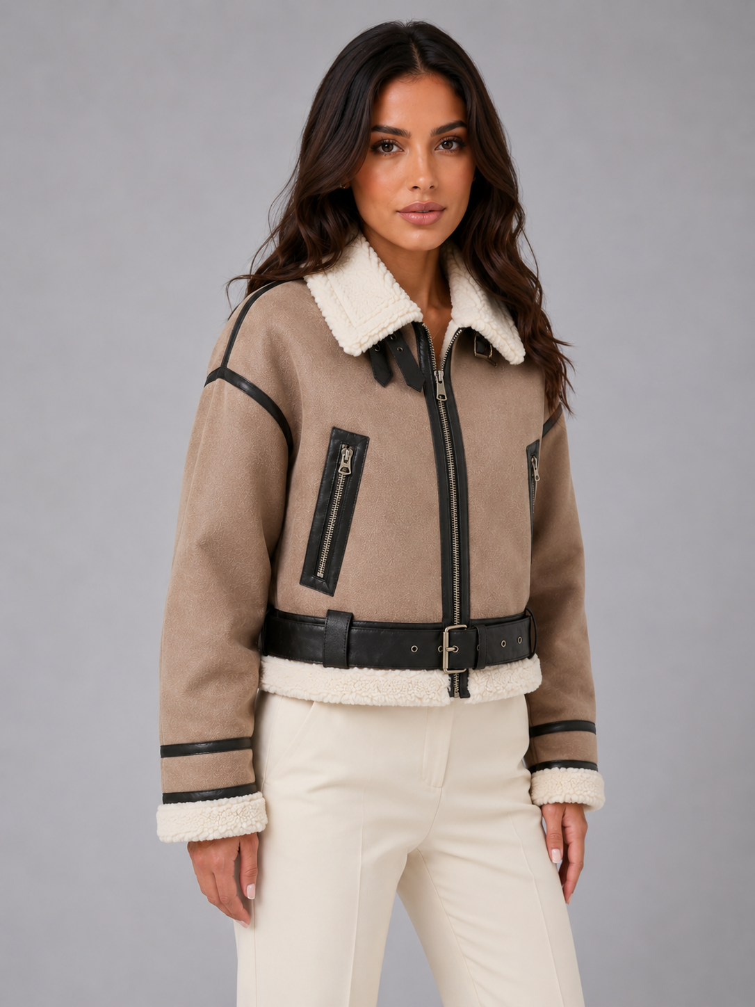 Women's Faux Shearling Aviator Jacket | Cropped Belted Biker Coat