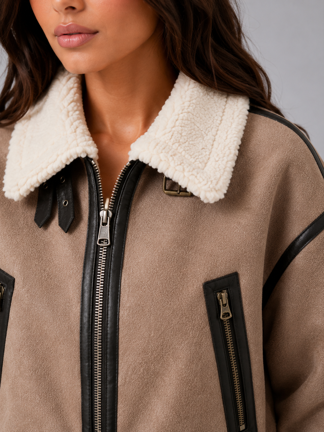 Women's Faux Shearling Aviator Jacket | Cropped Belted Biker Coat