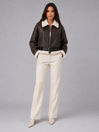 Women's Faux Shearling Aviator Jacket | Cropped Belted Biker Coat