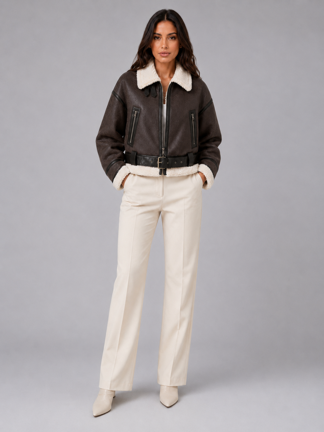 Women's Faux Shearling Aviator Jacket | Cropped Belted Biker Coat