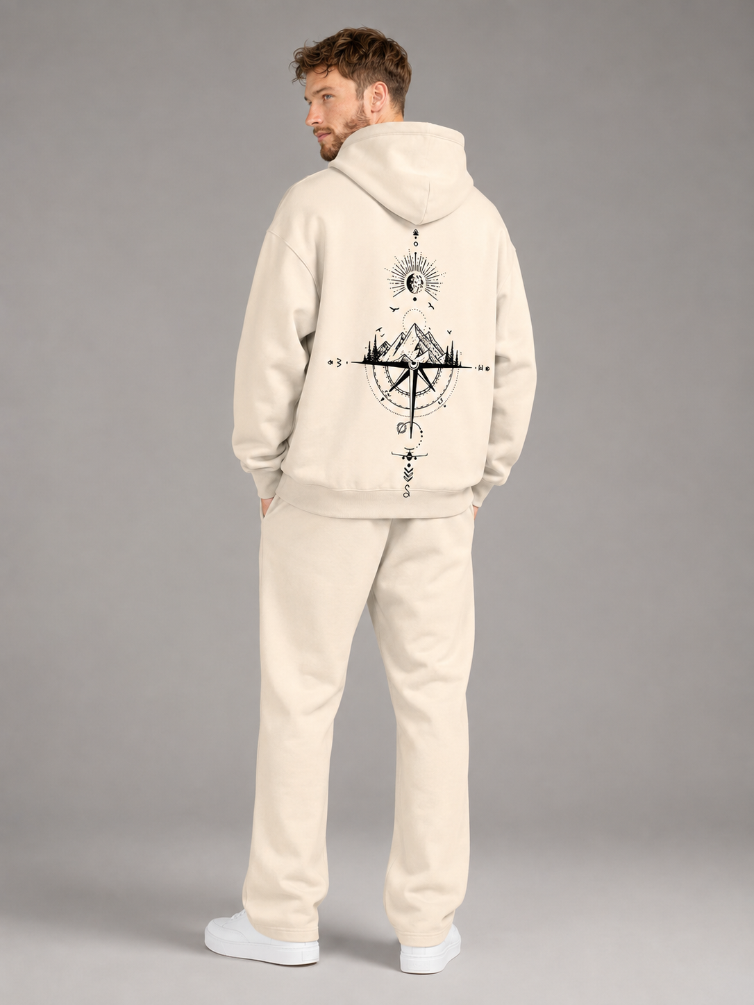 Men's Oversized Graphic Hoodie | Compass Print Cotton Sweatshirt