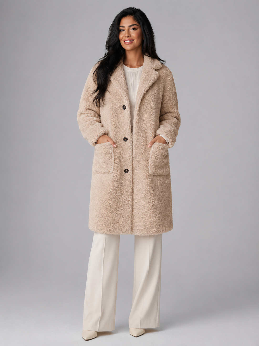 Women's Longline Teddy Borg Coat | Oversized Lapel Winter Coat