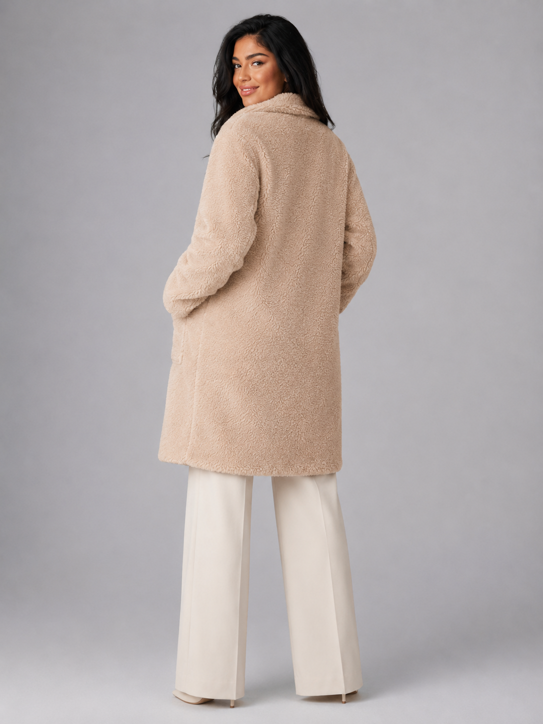 Women's Longline Teddy Borg Coat | Oversized Lapel Winter Coat