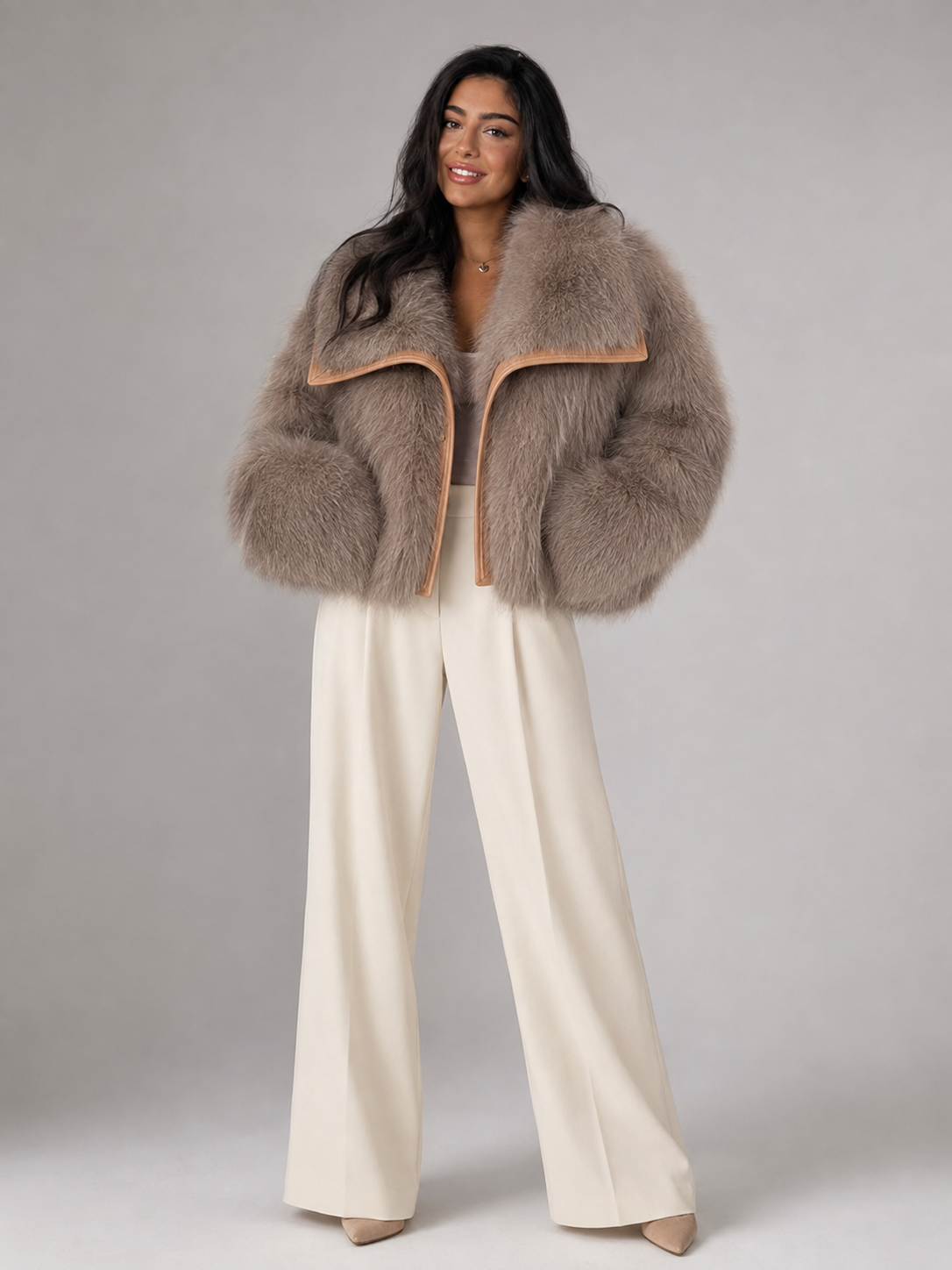Women's Faux Fur Cropped Coat | Contrast Trim Winter Jacket