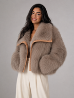Women's Faux Fur Cropped Coat | Contrast Trim Winter Jacket