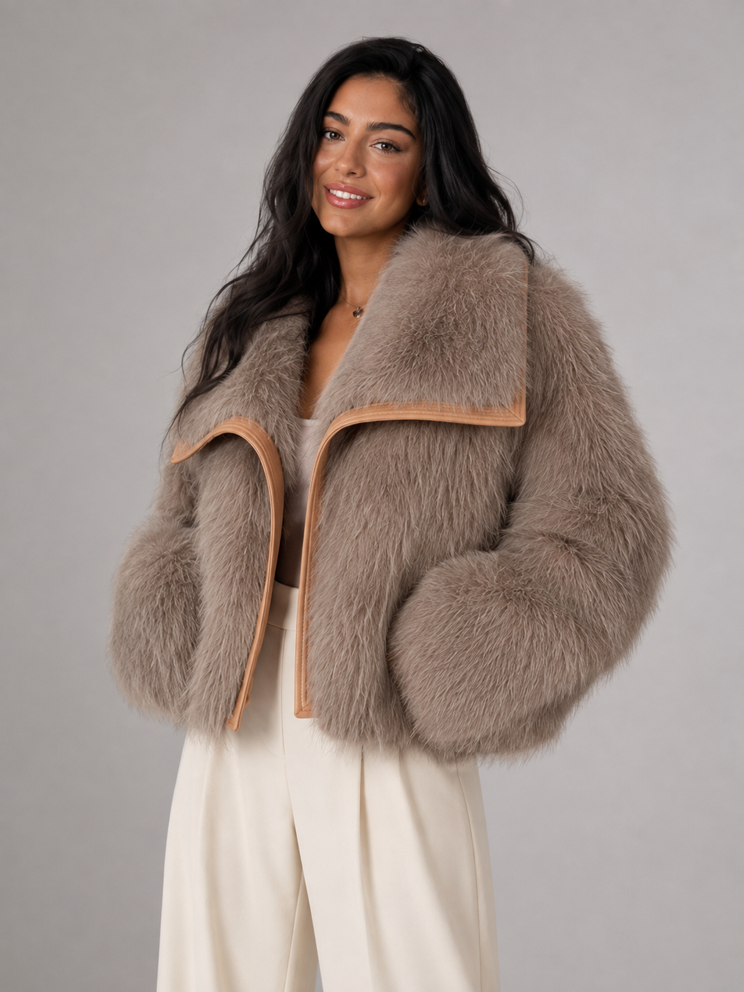 Women's Faux Fur Cropped Coat | Contrast Trim Winter Jacket