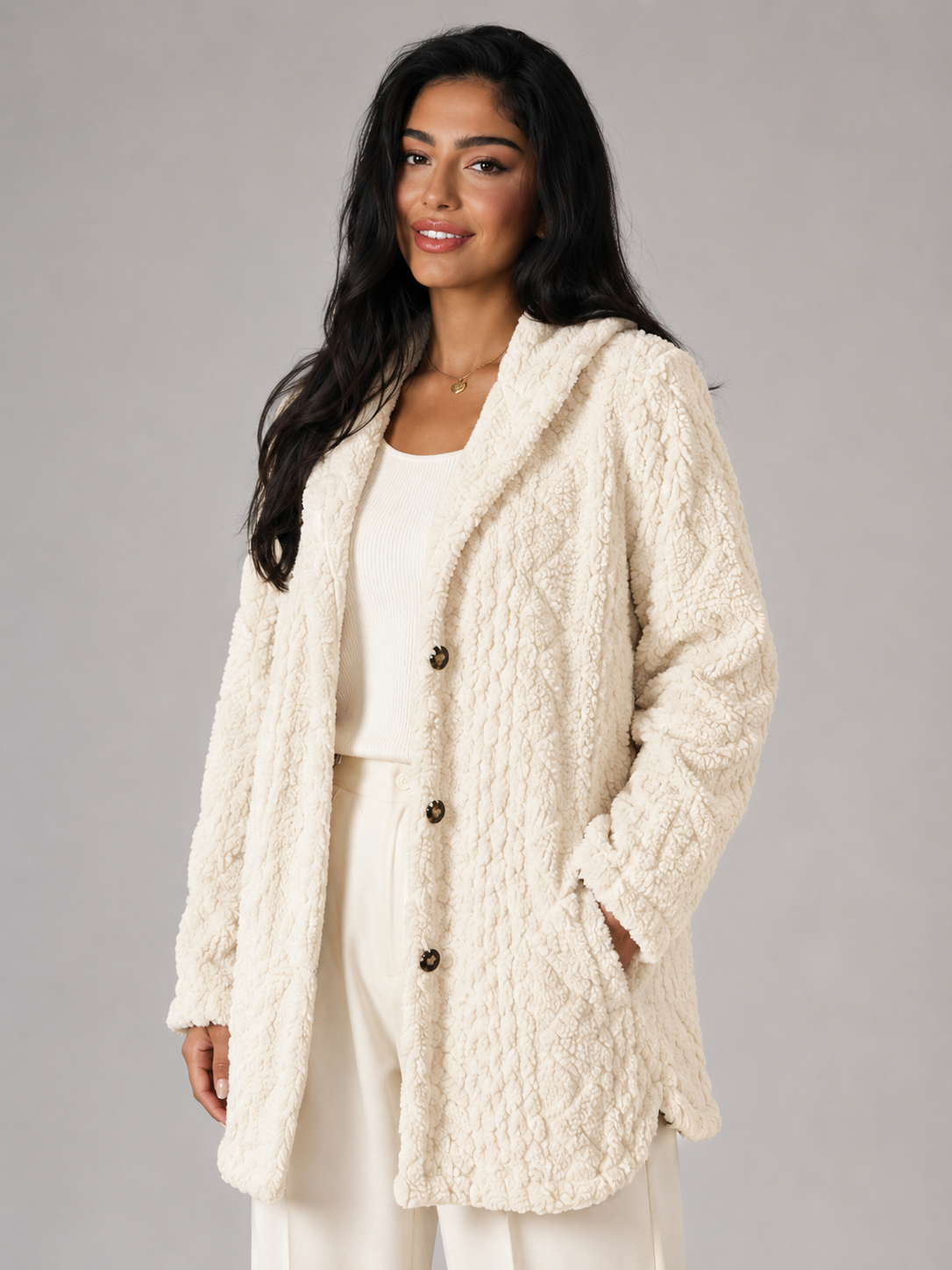 Women's Hooded Sherpa Coat | Longline Button-Front Teddy Jacket