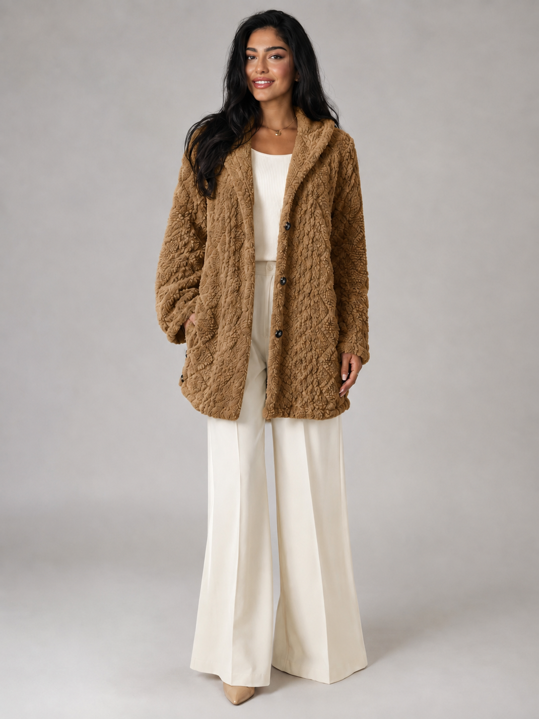 Women's Hooded Sherpa Coat | Longline Button-Front Teddy Jacket